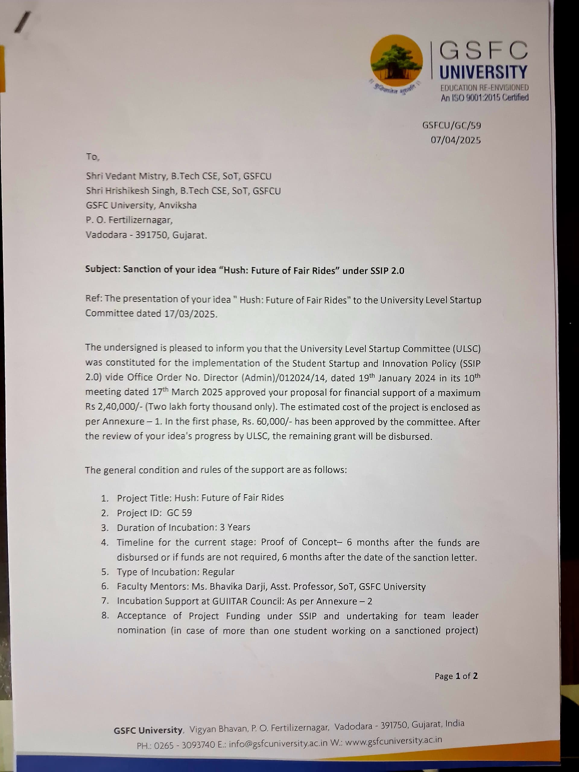 SSIP 2.0 Grant Sanction Letter